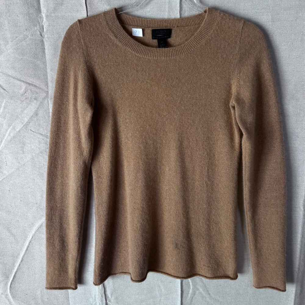 J. Crew Collection 100% Cashmere Crewneck Sweater Camel Tan XS Long Sleeve